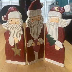 Folk Art Hand Carved Look Festive Santa Claus Hinged Trio Decorative